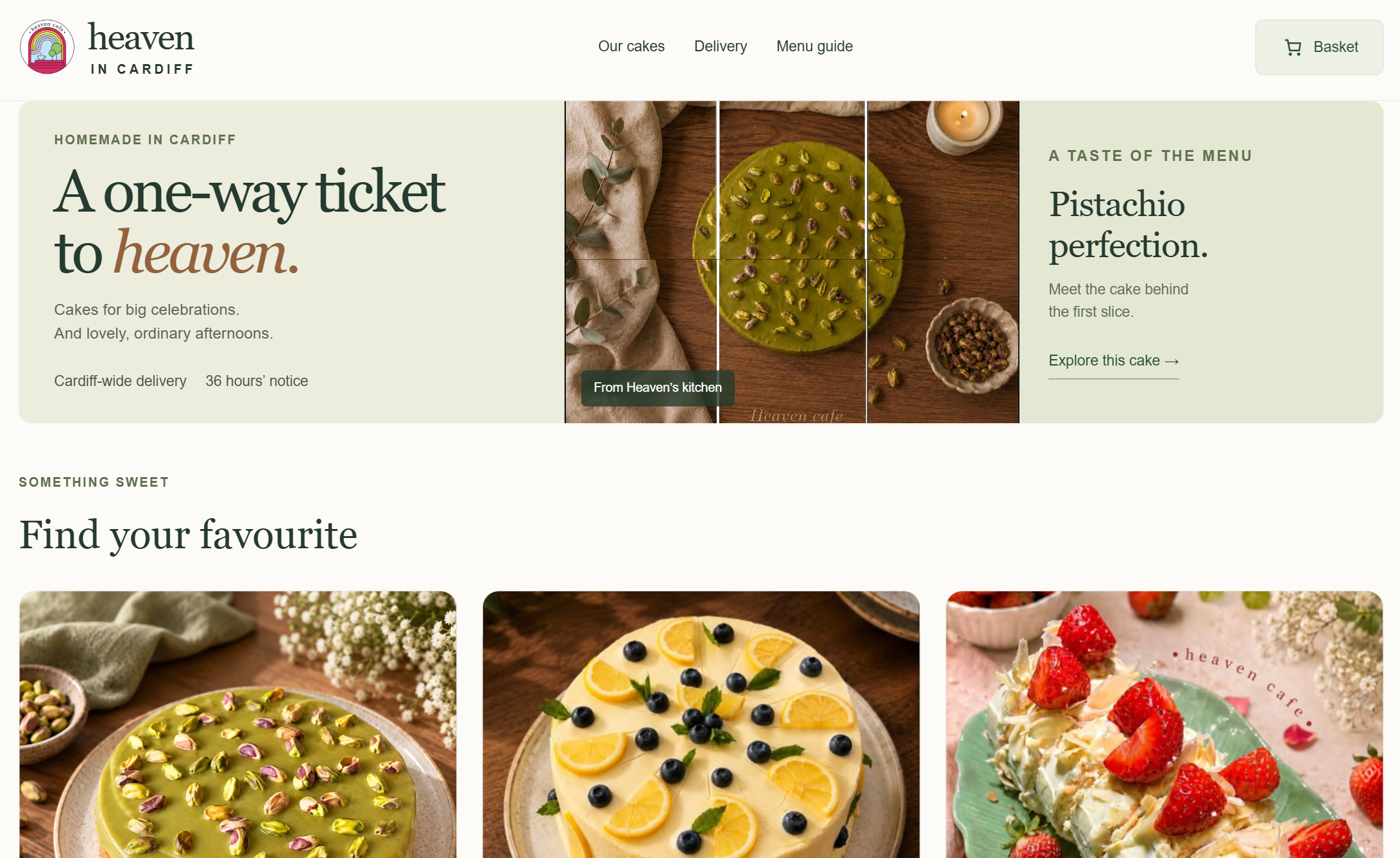 Heaven in Cardiff website showing the cake catalogue, product photography and delivery notice.