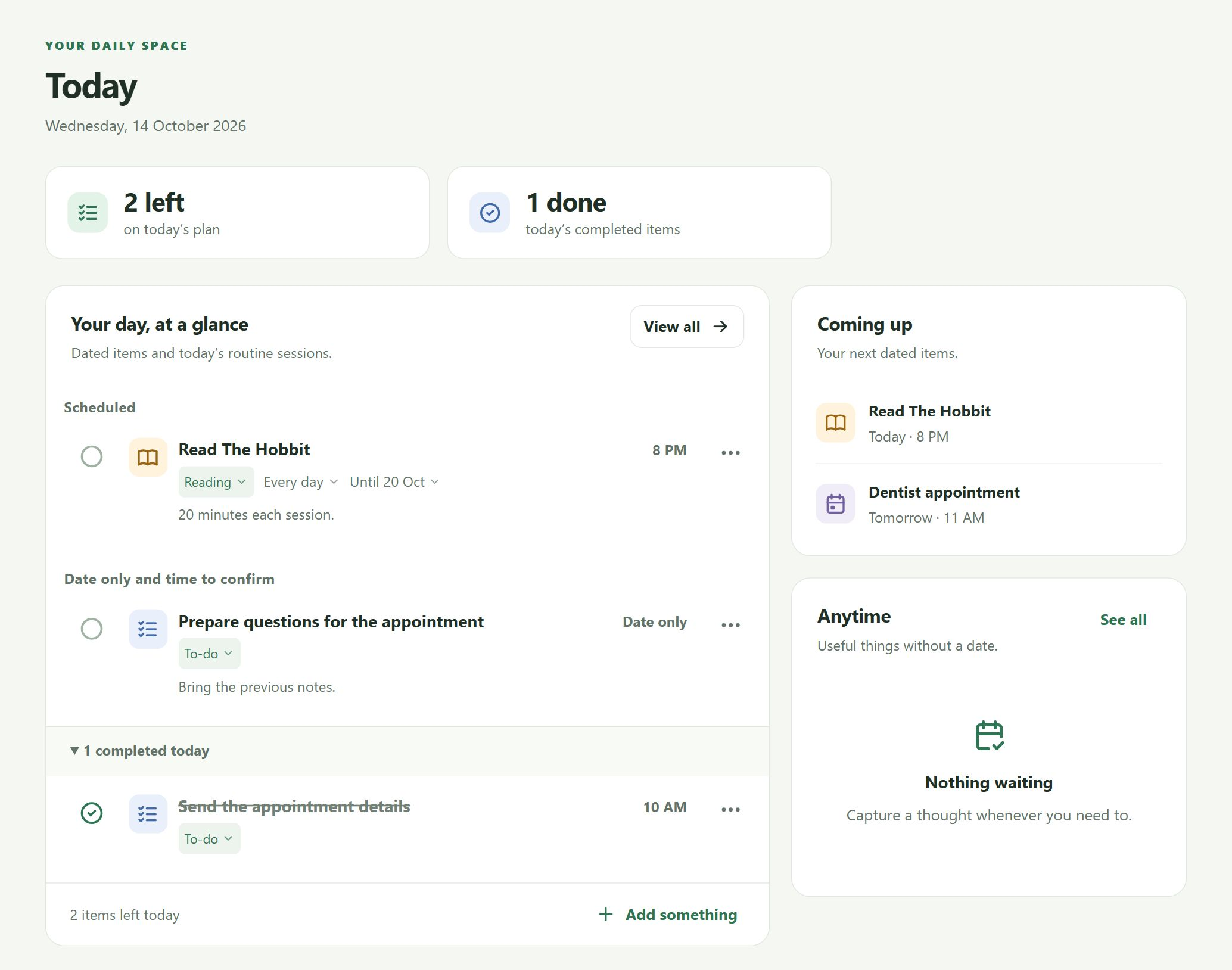 Pocket Plan Today interface showing two items left, one completed task, appointment preparation, daily reading and an upcoming dentist appointment.