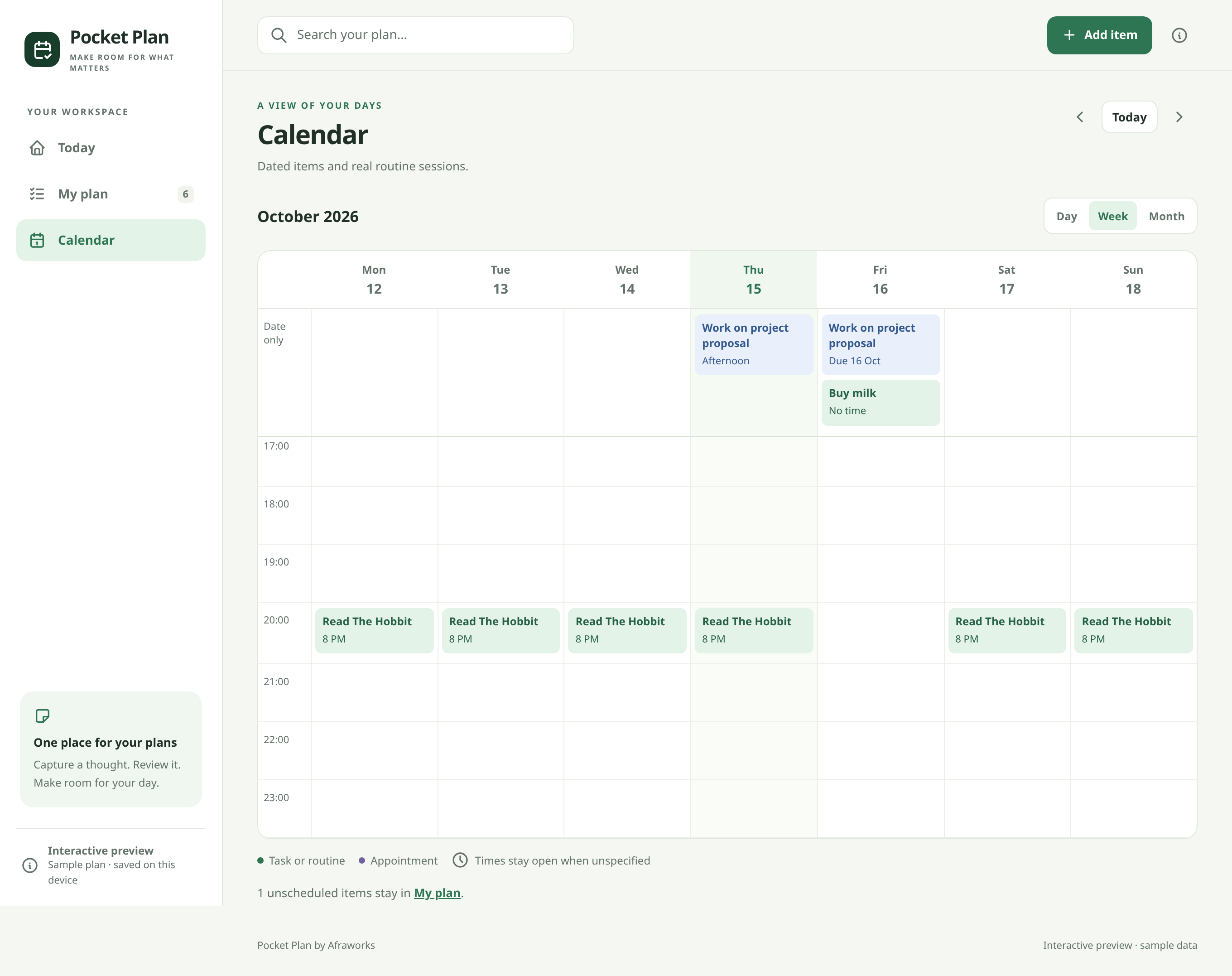 Pocket Plan weekly calendar interface demonstration showing evening reading sessions with a gap on Friday 16 October, plus a separate proposal deadline.